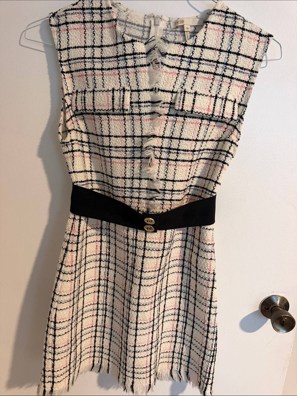 Maje Cream Plaid Tweed Dress with Black Waist Belt